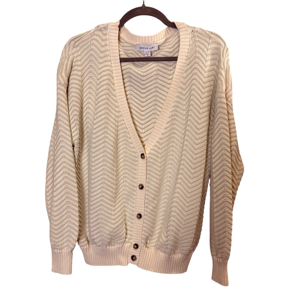 Amour Vert Cream Chevron Organic Cotton Knit Button-Up Cardigan Sz M